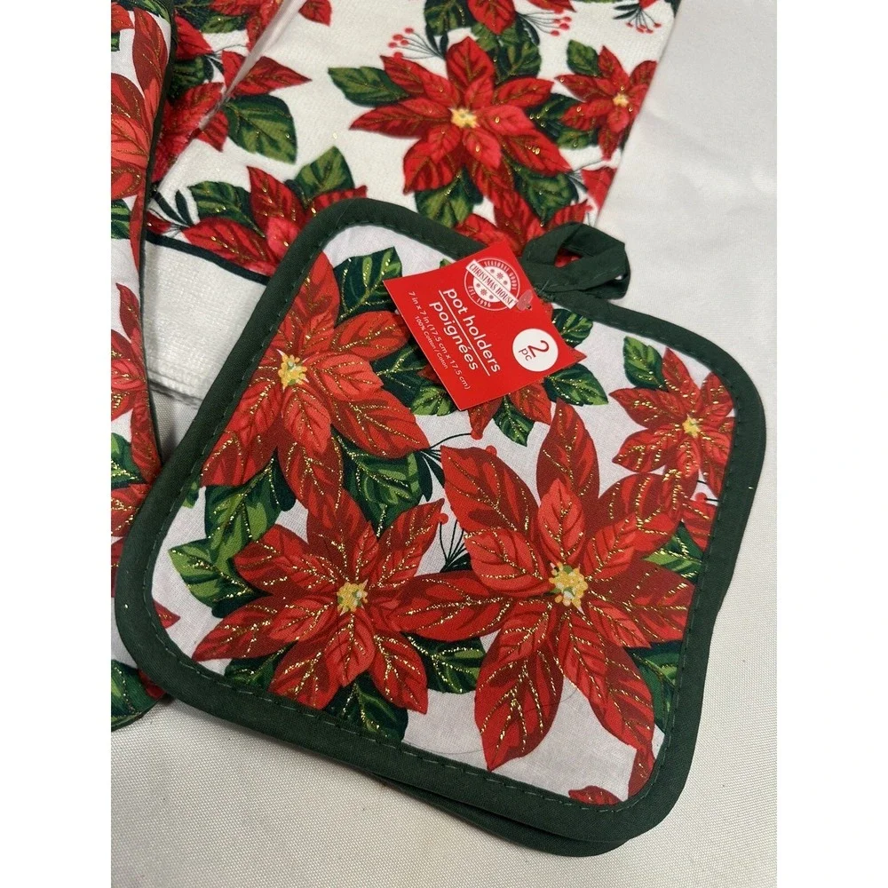 christmas‎ house kitchen set 2 towels 2 pot holders 1 oven mitt